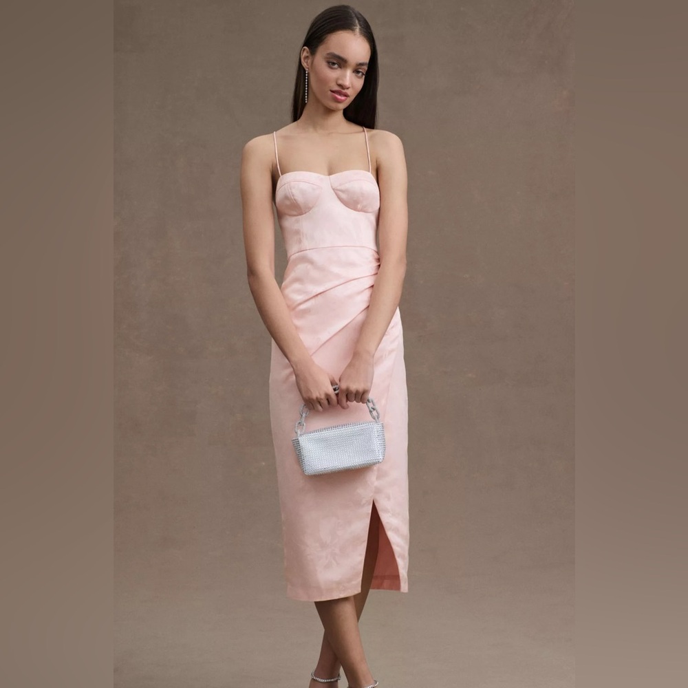 BHLDN Levi Corset Ruched Satin Side Slit Midi Dress